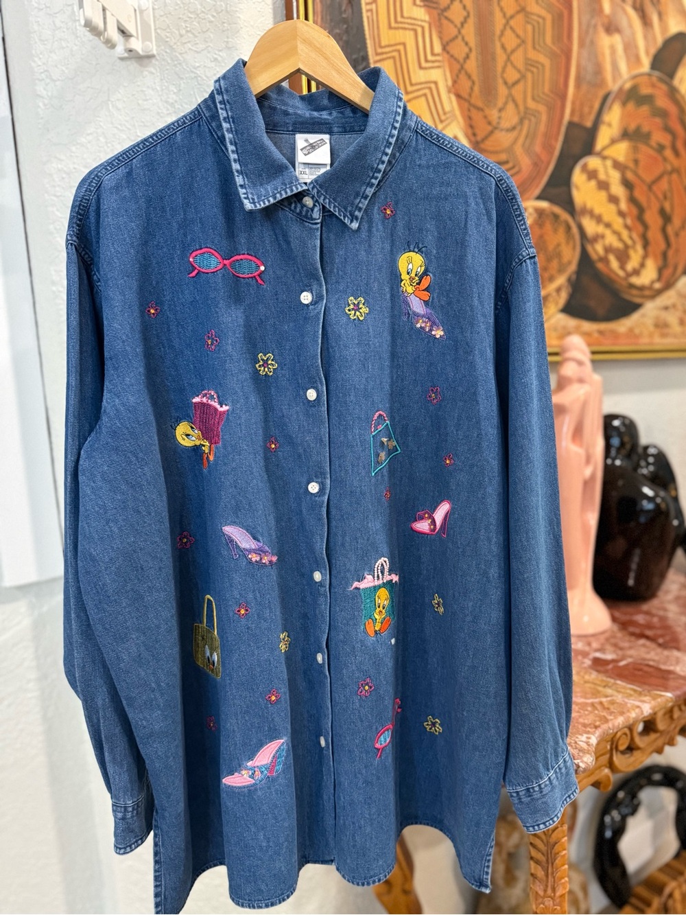 VTG Warner Bros. Denim Button-Down Shirt with Tweety Embroidery - Blue
